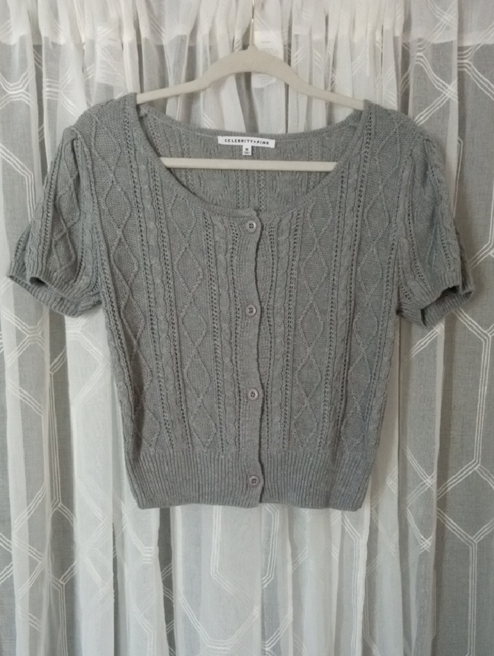 NWOT Celebrity Pink Light Gray Cable Knit Short Sleeve Cardigan Size M